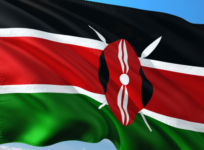 The Kenynan flag - black, red and green horizontal stripes with a shield in the middle