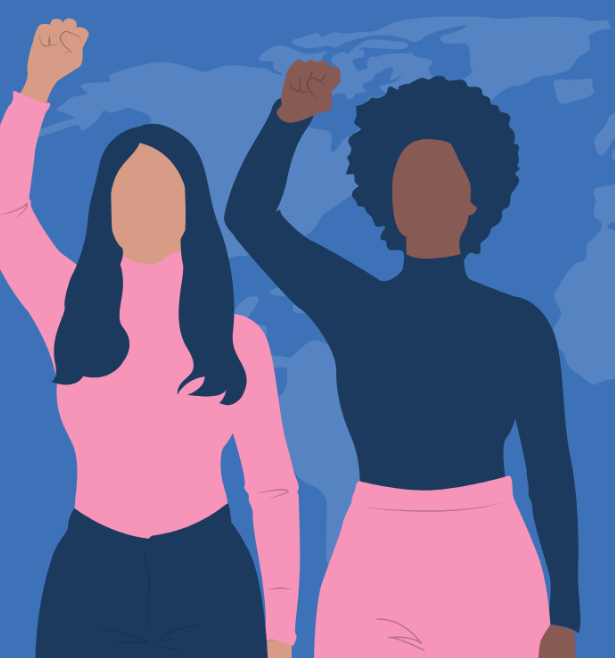 two women raising their fists in the air
