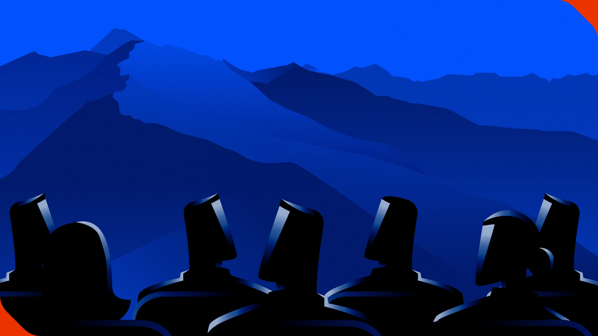 Illustration of dark mountains in the background and the outline of illustrated people in the foreground. 