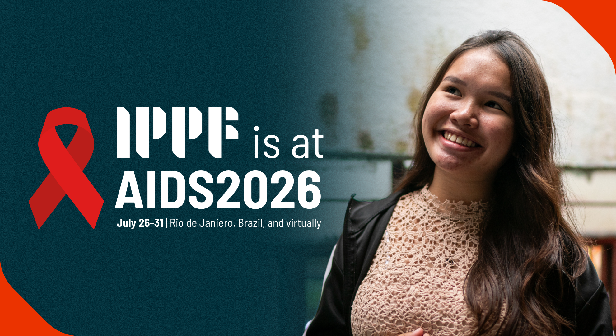 IPPF at AIDS2026 grey banner with activist