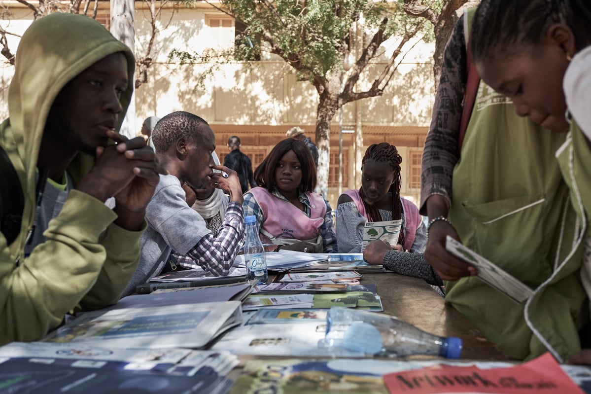 Student Fatou Bintou Diop (C), 20, attends a sex education session during a free consultancy day by ASBEF at School Seydina Limamou Laye in Dakar, Senegal.