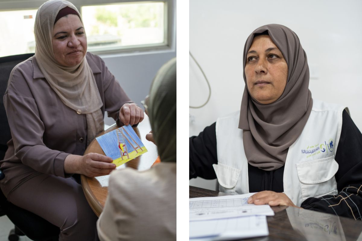 Two images side by side. On the left Maysa shows a client a leaflet, and on the right Lubna in her office working.