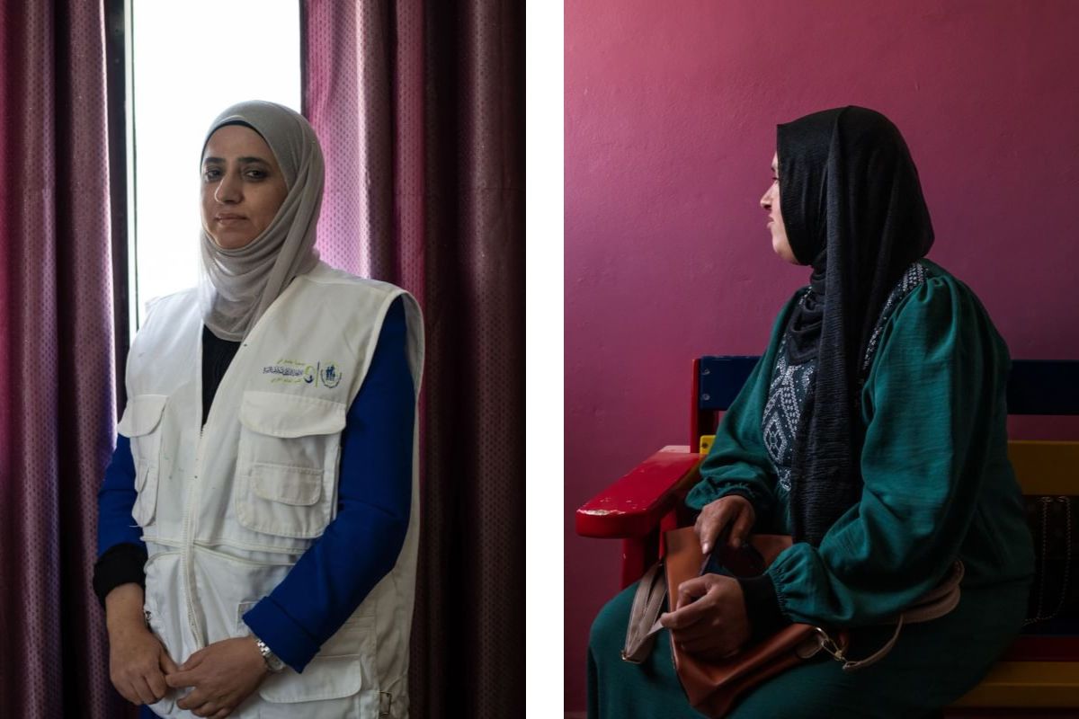 Two images side by side. On the left Dr Ghada wears a white jacket. On the right Haneen sits in a chair wearing a green dress.