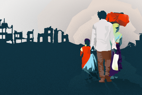 Illustration of a Sudanese family walking away with their backs turned. 