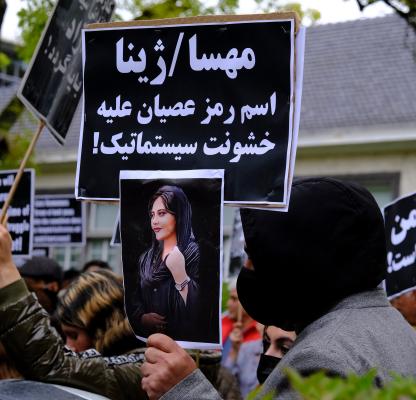 Protestors take part during a demonstration in front of the Iranian embassy in Brussels, Belgium on Sept. 23, 2022, following the death of Mahsa Amini.