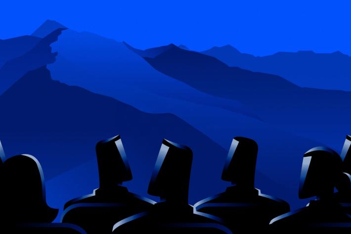 Illustration of dark mountains in the background and the outline of illustrated people in the foreground. 