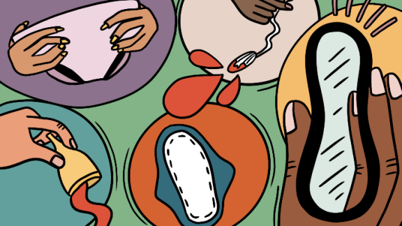An illustration of period products (pad, tampon, menstrual cup, menstrual disc, underwear)