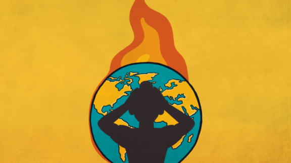 An illustration of a distressed woman in a burning globe