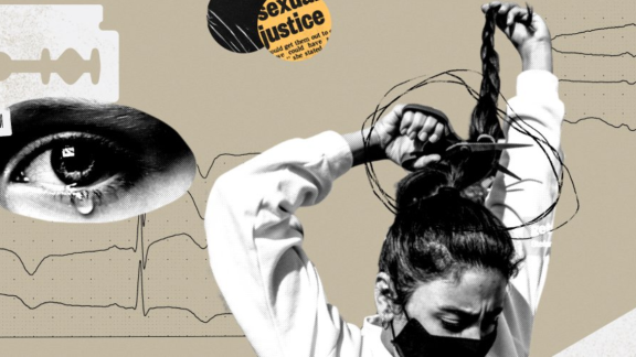 ICPD image, an eye, a girl, two people carrying baskets on their heads 