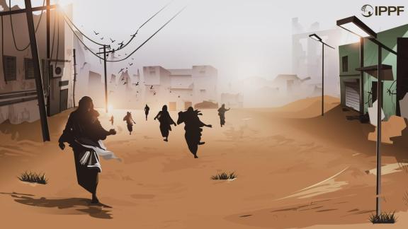 illustration of people running down a road in Sudan