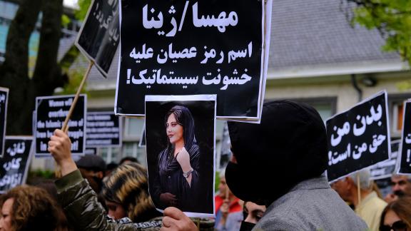 Protestors take part during a demonstration in front of the Iranian embassy in Brussels, Belgium on Sept. 23, 2022, following the death of Mahsa Amini.