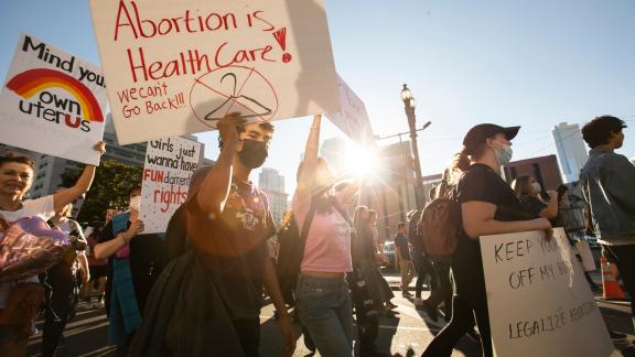 Protestors march with banners against abortion restrictions in the US