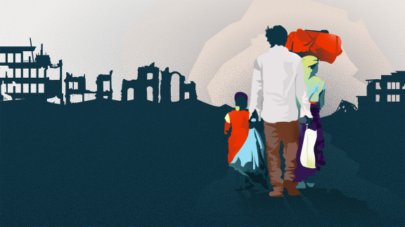 An illustrated version of a family with their backs turned. 